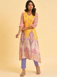 W Yellow & Purple Ethnic Motifs Printed A-Line Kurta