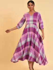W Purple Checked Cotton A-Line Midi Dress
