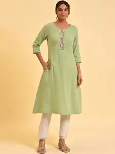 W Green Floral Embroidered A-Line Pure Cotton Kurta