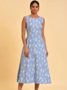 W Blue Floral Printed Pure Cotton A-Line Midi Dress
