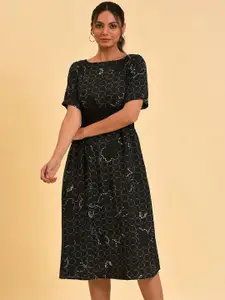 W Black Floral Printed A-Line Midi Dress
