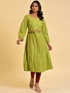 W Floral Embroidered Puff Sleeves A-Line Pure Cotton Kurta