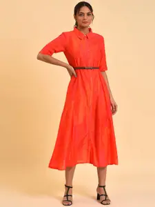 W Red Shirt Midi Dress With Belt