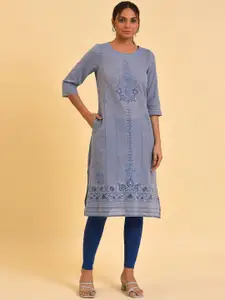 W Blue Ethnic Motifs Printed Pure Cotton Kurta