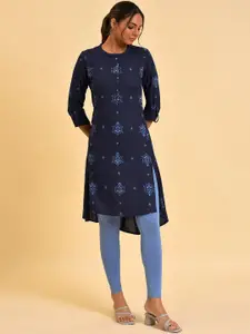 W Navy Blue Ethnic Motifs Printed A-Line Kurta