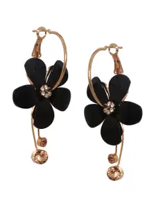 Shining Diva Fashion Black  Gold-Toned Floral Hoop Earrings