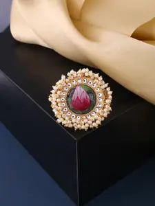 NVR Gold-Plated Kundan-Studded & Pearl Beaded  Finger Ring