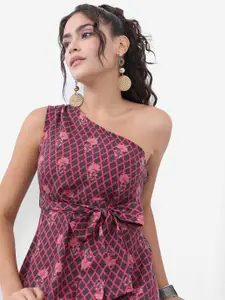 Vishudh Pink Floral Printed One Shoulder Fit & Flare Midi Dress