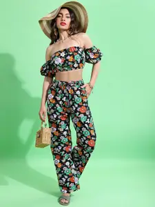 Tokyo Talkies Black Floral Printed Cotton Top With Trouser Co-Ords