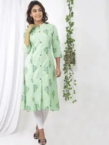 Sangria Green Floral Printed Panelled Cotton Kurta