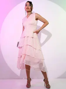 Tokyo Talkies Pink V-Neck Striped Fit & Flare Midi Dress