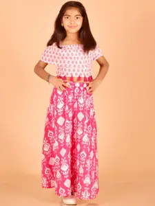 misbis Girls Floral Printed Pure Cotton Top With Skirt