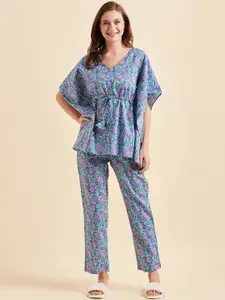 Sweet Dreams Blue & Pink Floral Printed Pure Cotton Night Suit