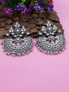 PRIVIU Silver-Plated Crescent Shaped Kundan Studded Drop Earrings