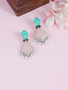 PRIVIU Silver-Plated Geometric Stone Studded Drop Earrings