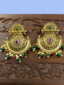 PRIVIU Gold-Plated Crescent Shaped Beaded Drop Earrings