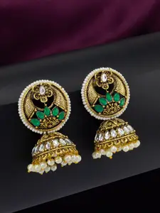 PRIVIU Gold-Toned Dome Shaped Kundan Studded Jhumkas