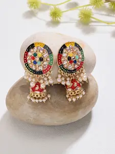 Zaveri Pearls Gold-Plated Artificial Beads And Stones Studded Dome Shaped Jhumkas Earrings