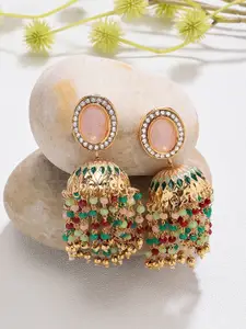 Zaveri Pearls Gold-Plated Artificial Stones And Beads Studded Dome Shaped Jhumkas Earrings