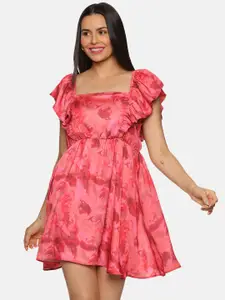 ISU Red Floral Print Flutter Sleeve Satin Fit & Flare Dress