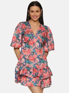 ISU Floral Printed Puff Sleeve Ruffle Satin A-Line Dress
