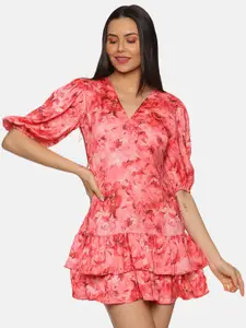 ISU Pink Floral Print Puff Sleeve Satin A-Line Dress