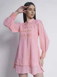 DressBerry Pink Striped Lace Inserts Cuffed Sleeves A-Line Mini Dress