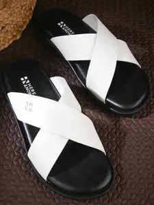 HERE&NOW Men Black And White Cross Strap Comfort Sandals