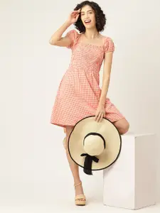 Mast & Harbour Pure Cotton Smocked Checked Puff Sleeve A-Line Dress
