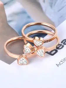 MYKI Set of 3 Rose Gold-Plated CZ-Studded Four Flower Rings