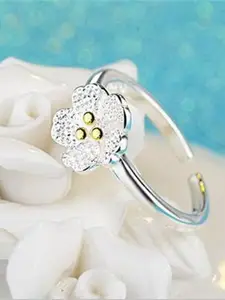 MYKI Silver-Plated Floral CZ-Studded Adjustable Finger Ring