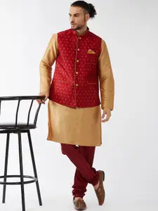 VASTRAMAY Mandarin Collar Zari Kurta with Churidar & Nehru Jacket