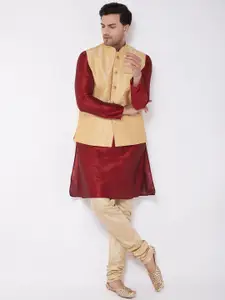 VASTRAMAY Mandarin Collar Zari Kurta with Churidar & Nehru Jacket