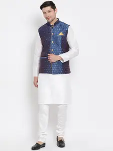 VASTRAMAY Mandarin Collar Kurta With Churidar & Nehru Jacket