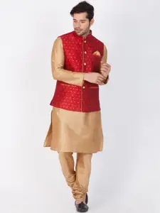VASTRAMAY Mandarin Collar Regular Kurta With Churidar & Nehru Jacket