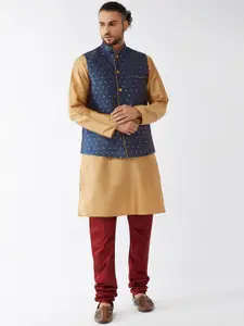 VASTRAMAY Mandarin Collar Kurta with Churidar & Woven Design Nehru Jacket