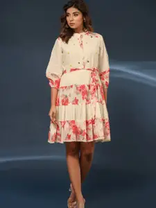Zolo Label Floral Printed Puff Sleeve Tiered Fit & Flare Dress With Belt