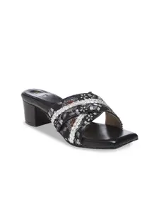 Anouk Black & White Embellished Cross Strap Block Heels