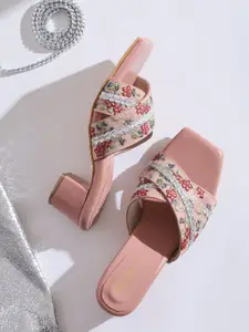 Anouk Pink & White Embellished Cross Strap Block Heels