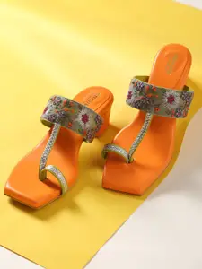 Anouk Orange & Sea Green Embellished One Toe Block Heels