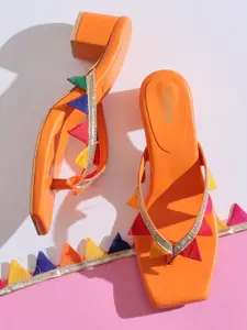 Anouk Orange & Gold Toned Embellished Open Toe Block Heels