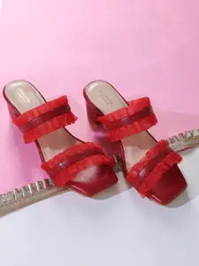 Anouk Red Double Strap Ruffle Block Heels