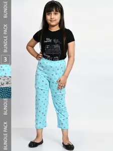 BAESD Girls Pack Of 3 Printed Pure Cotton Mid-Rise Lounge Pants