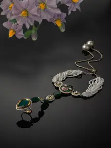 DUGRISTYLE Gold Plated Kundan & Pearls Adjustable Hathphool Ring Bracelet