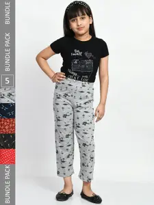 BAESD Girls Pack Of 5 Printed Pure Cotton Mid-Rise Lounge Pants