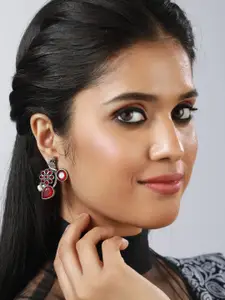 Sangria Silver Plated Stone Studded Peacock Shaped Drop Earrings