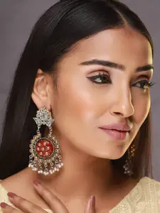 Sangria Silver-Plated Kundan Studded & Beaded Chandbalis Earrings