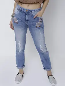 Tokyo Talkies Women Blue Boyfriend Fit Mid-Rise Low Distress Stretchable Jeans