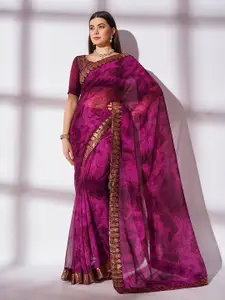 Kalista Purple & Gold-Toned Abstract Printed Sequinned Pure Georgette Saree