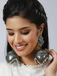 Sangria Silver-Toned & White Silver-Plated Stone-Studded & Beaded Jhumka Earrings